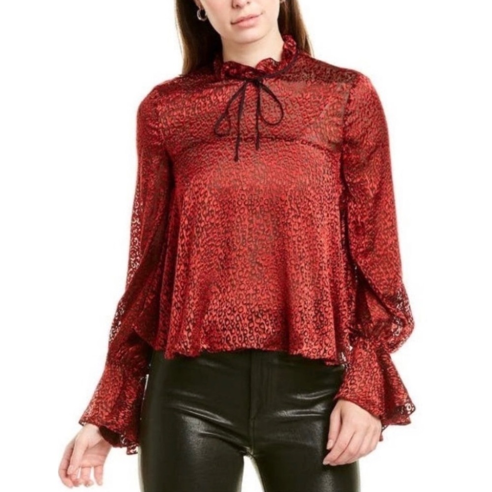 SALONI Tyler Leopard Burnout Tie Neck Long Sleeve Top
